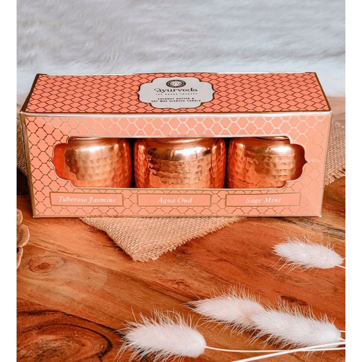 Luksusowy Zestaw 3 Świec w Miedzianych Słojach. Dosha Therapy. 3x100g. Song of India