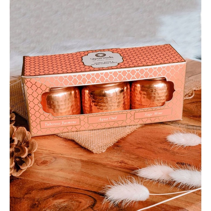 Luksusowy Zestaw 3 Świec w Miedzianych Słojach. Dosha Therapy. 3x100g. Song of India