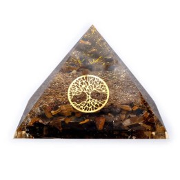 Orgonit Piramida Tygrysie Oko, symbol Drzewo życia, Odpromiennik na podstawce, rozmiar 7x7x6cm