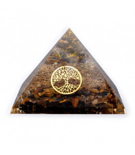 Orgonit Piramida Tygrysie Oko, symbol Drzewo życia, Odpromiennik na podstawce, rozmiar 7x7x6cm