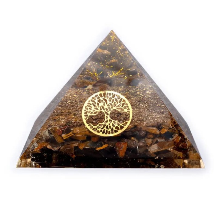 Orgonit Piramida Tygrysie Oko, symbol Drzewo życia, Odpromiennik na podstawce, rozmiar 7x7x6cm