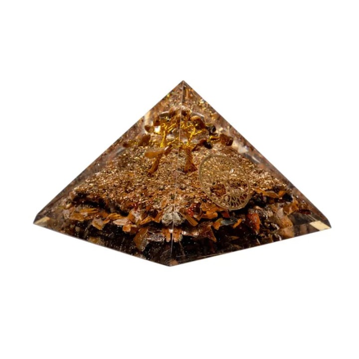 Orgonit Piramida Tygrysie Oko, symbol Drzewo życia, Odpromiennik na podstawce, rozmiar 7x7x6cm
