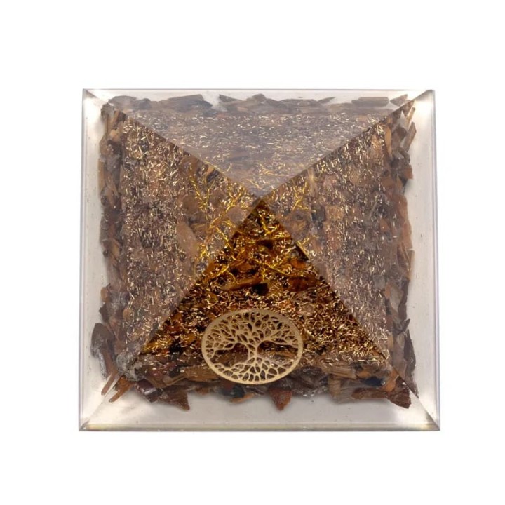 Orgonit Piramida Tygrysie Oko, symbol Drzewo życia, Odpromiennik na podstawce, rozmiar 7x7x6cm