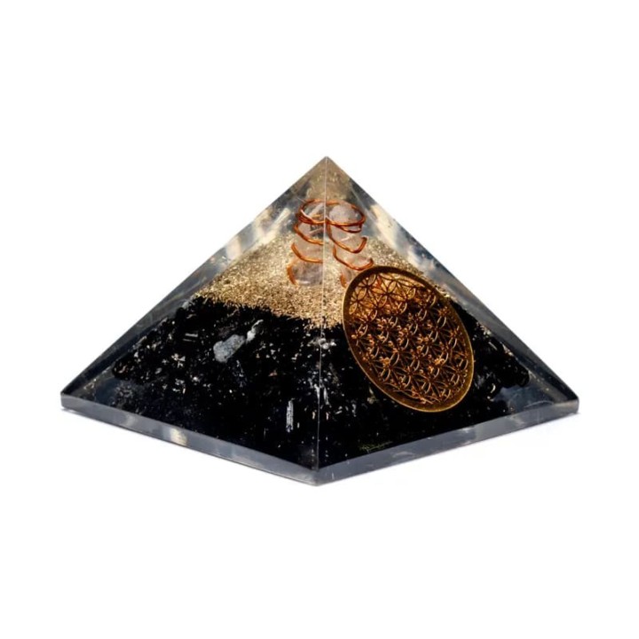 Orgonit Piramida z Turmalinu i Kryształu z symbolem Kwiatu Życia, Odpromiennik, Rozmiar 7 5x7 5x6 cm