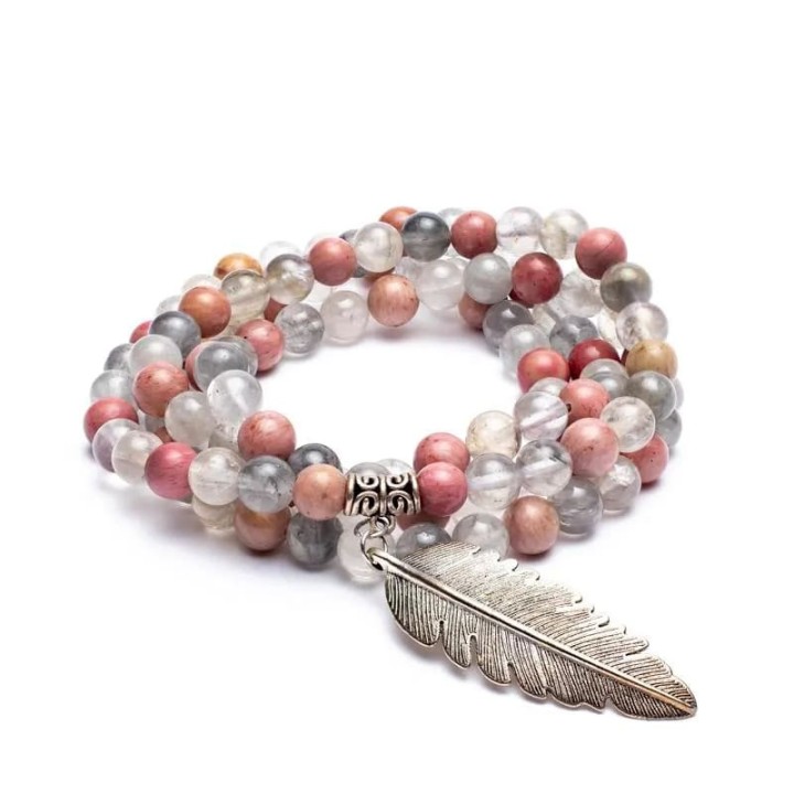 Mala rhodonite/ grey quartz + feather 0.8cm