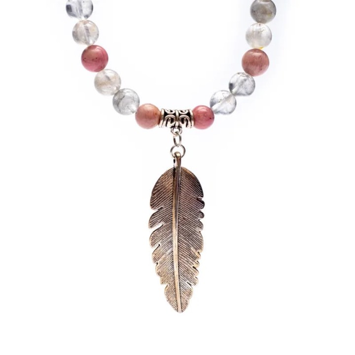Mala rhodonite/ grey quartz + feather 0.8cm
