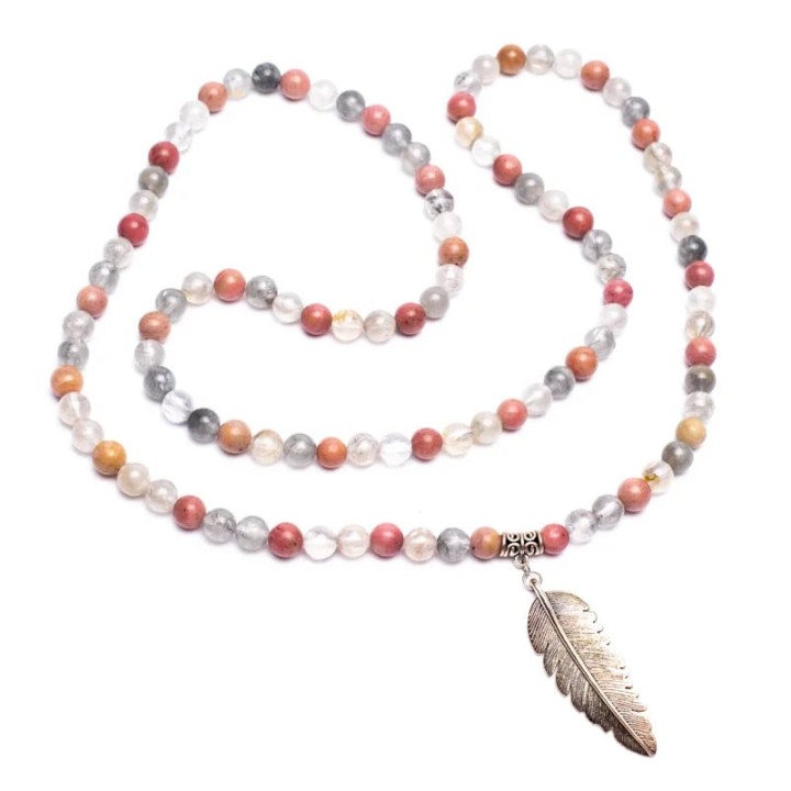 Mala rhodonite/ grey quartz + feather 0.8cm