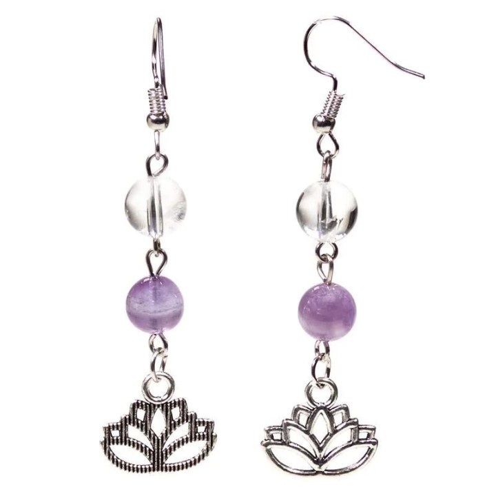 Earrings chevron amethyst/rock crystal with lotus 8mm