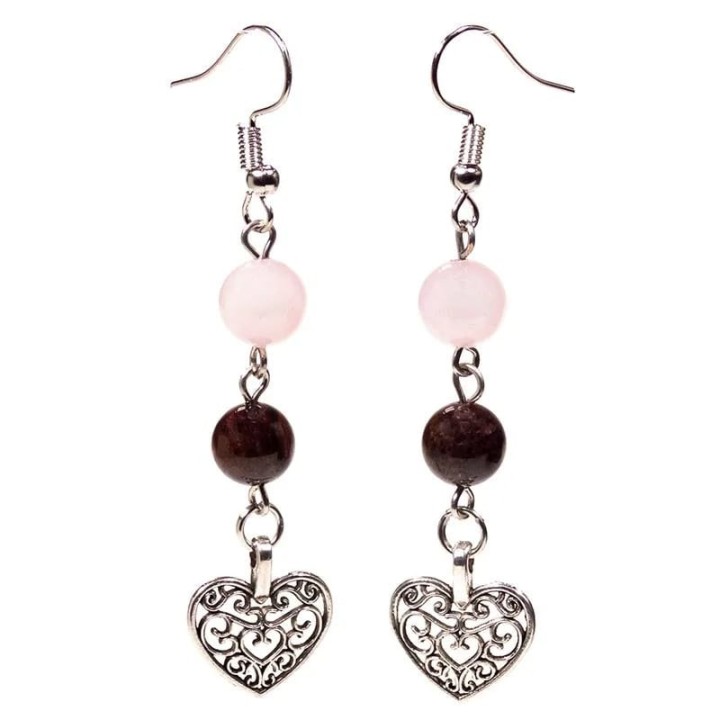 Earrings garnet/rose quartz with heart 8mm