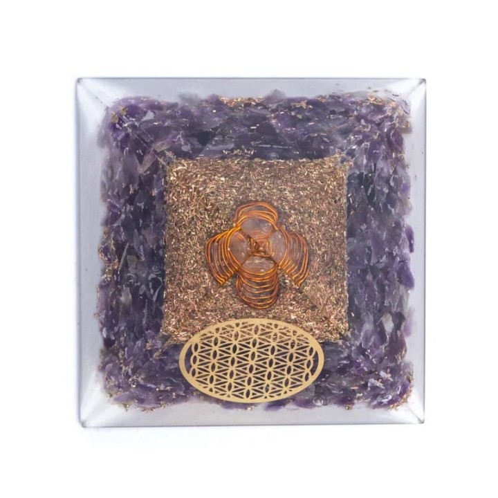 Orgonit Piramida z Ametystu, symbol Flower of Life Odpromiennik, Rozmiar 7x7x6 cm