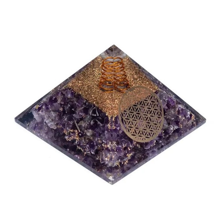 Orgonit Piramida z Ametystu, symbol Flower of Life Odpromiennik, Rozmiar 7x7x6 cm