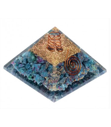 Orgonit Piramida z Rubinowo-cyjanitowa, symbol spirali z , Odpromiennik, Rozmiar 7x7x6 cm rubin zatopiony w cyjanicie 7x7x6cm