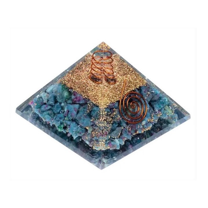 Orgonit Piramida z Rubinowo-cyjanitowa, symbol spirali z , Odpromiennik, Rozmiar 7x7x6 cm rubin zatopiony w cyjanicie 7x7x6cm