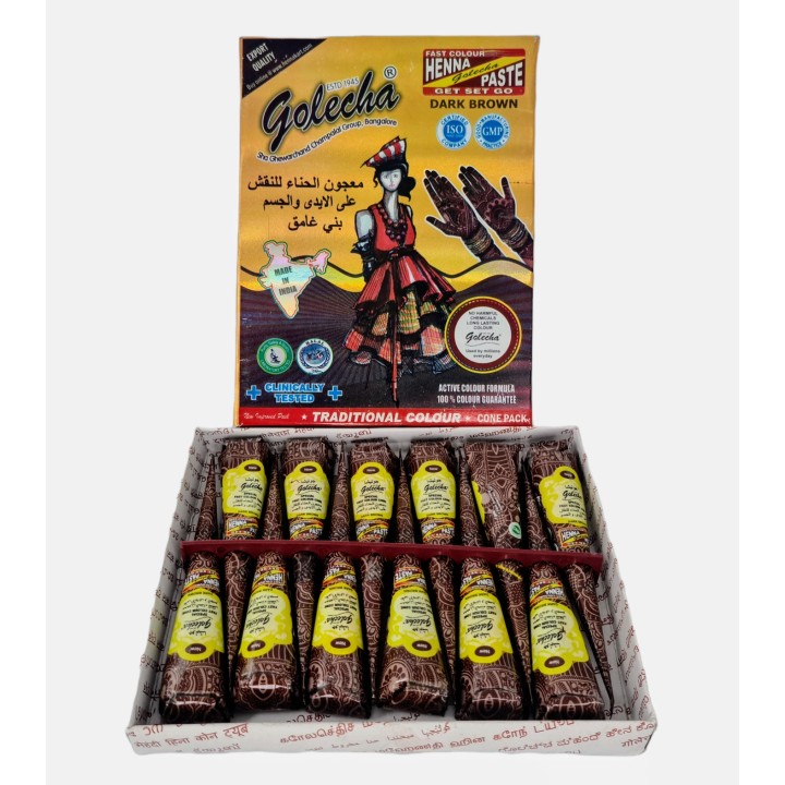 Henna Indyjska w Rożku gotowa do aplikacji na ciało MEHANDI kolor CIEMNO BRĄZOWY (dark brown) 25g Golecha