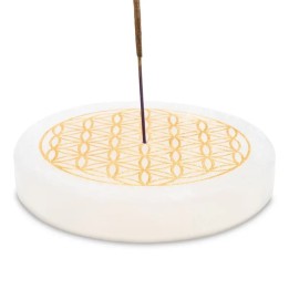 Uchwyt z Selenitu na kadzidło w patyczku motyw kwiatu życia "Flower of life" śr 9 cm