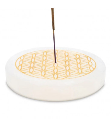 Uchwyt z Selenitu na kadzidło w patyczku motyw kwiatu życia "Flower of life" śr 9 cm