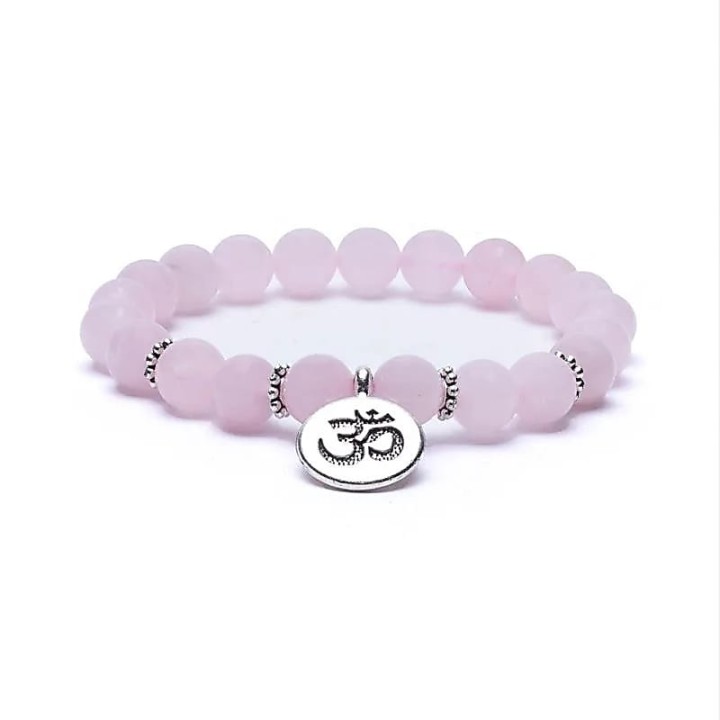 Bransoletka mala elastyczna z różowego kwarcu z symbolem OHM 0.8cm
