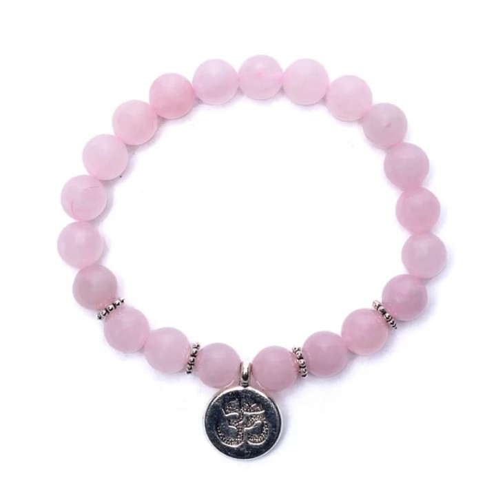 Bransoletka mala elastyczna z różowego kwarcu z symbolem OHM 0.8cm