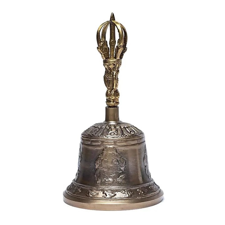 Mosiężny dzwonek ręczny ozdobiony symbolami Ganesha i Ohm. rozmiar L 11x21cm