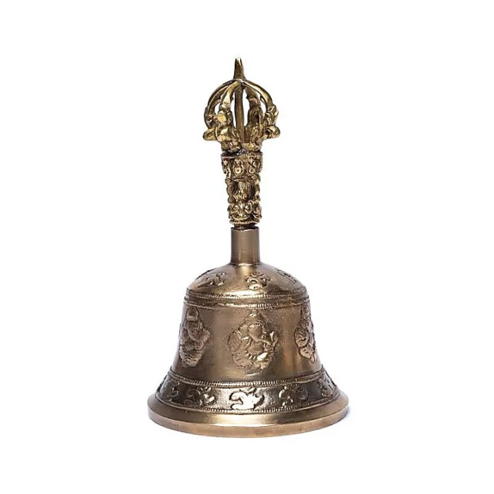 Mosiężny dźwon z dorje ozdobiony symbolami Ganesha i Ohm. rozmiar M 8x15.7cm