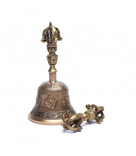 Mosiężny dźwon z dorje ozdobiony symbolami Ganesha i Ohm. rozmiar M 8x15.7cm