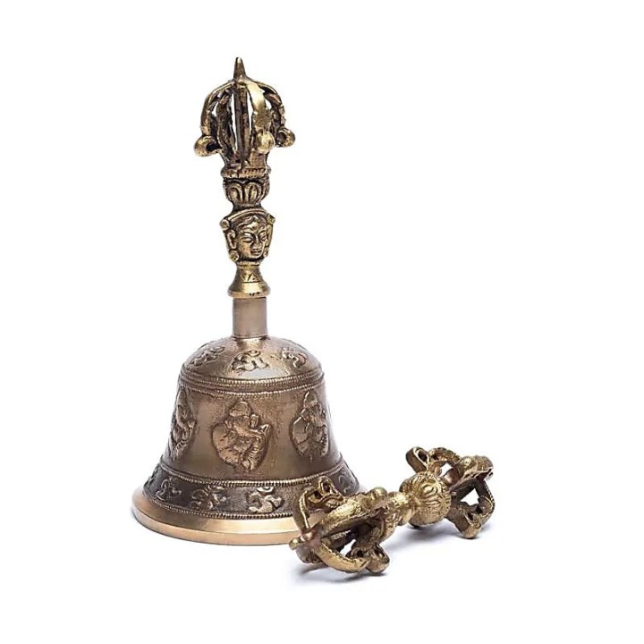 Mosiężny dźwon z dorje ozdobiony symbolami Ganesha i Ohm. rozmiar M 8x15.7cm