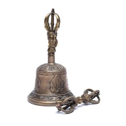 Mosiężny dźwon z dorje ozdobiony symbolami Ganesha i Ohm. rozmiar L 11x22cm