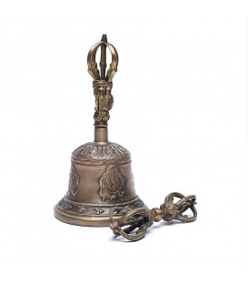 Mosiężny dźwon z dorje ozdobiony symbolami Ganesha i Ohm. rozmiar L 11x22cm