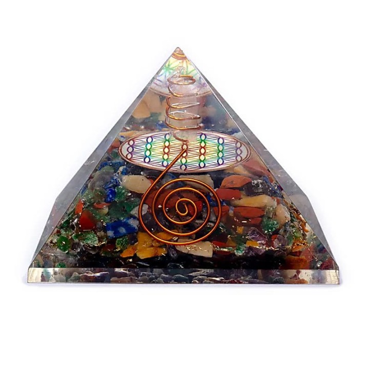 Flower of life chakra pyramid with crystal point -- 7x7x6cm
