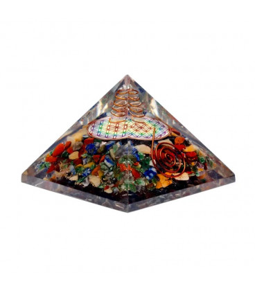 Flower of life chakra pyramid with crystal point -- 7x7x6cm