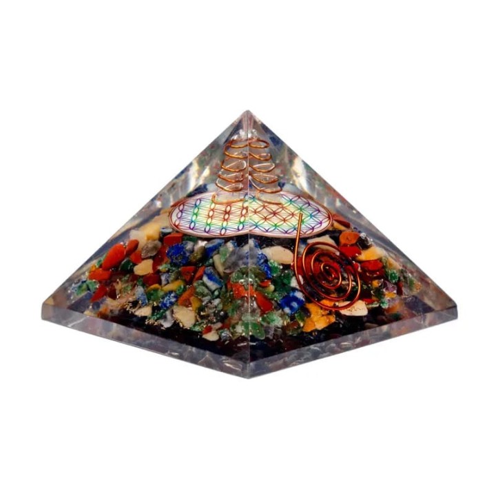 Flower of life chakra pyramid with crystal point -- 7x7x6cm