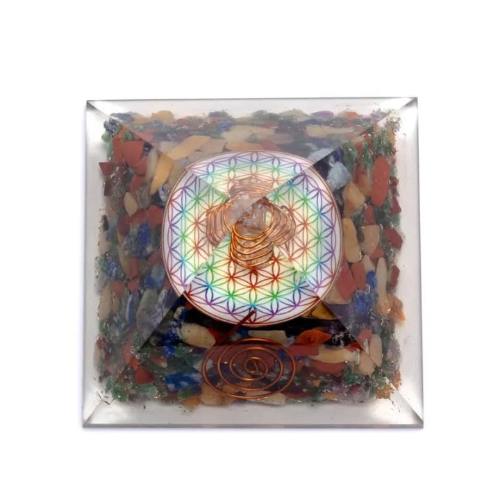 Flower of life chakra pyramid with crystal point -- 7x7x6cm