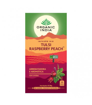 Herbata Tulsi Raspberry Peach Organic India (25 torebek) rozgrzewająca