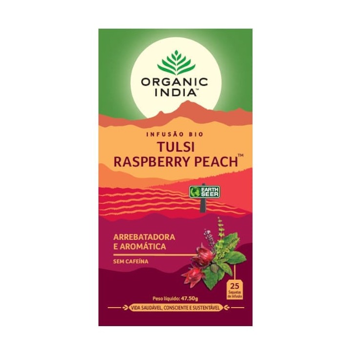 Herbata Tulsi Raspberry Peach Organic India (25 torebek) rozgrzewająca