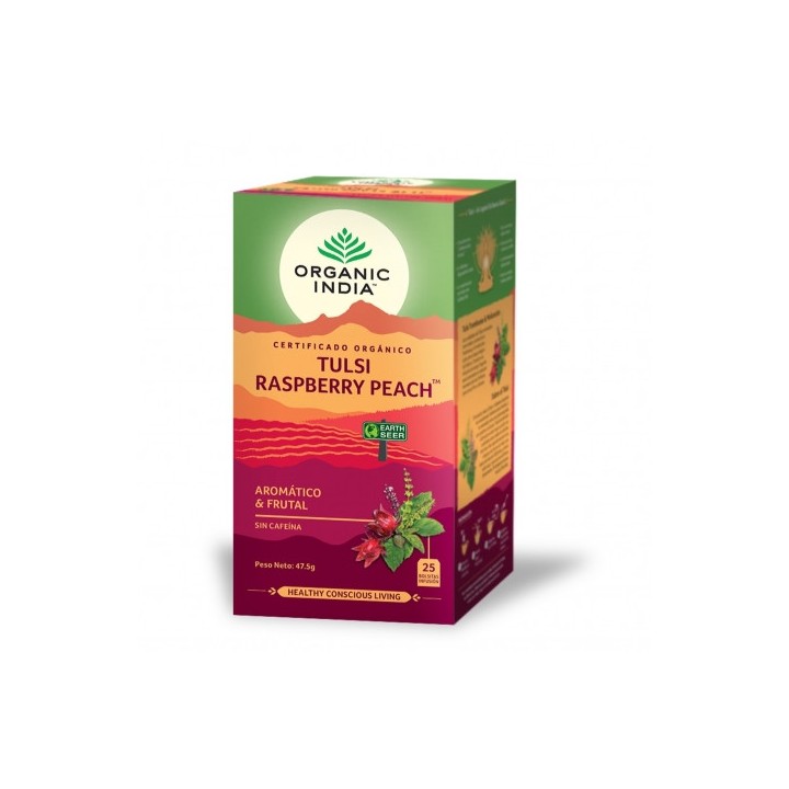 Herbata Tulsi Raspberry Peach Organic India (25 torebek) rozgrzewająca