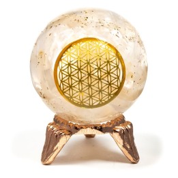 Orgonit Kula z Selenitu symbol Flower of Life Odpromiennik na podstawce średnica 5.5cm