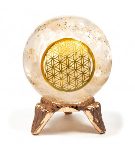 Orgonit Kula z Selenitu symbol Flower of Life Odpromiennik na podstawce średnica 5.5cm