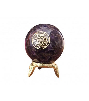 Orgonit Piramida z Ametystu na podstawce, symbol Flower of Life Odpromiennik, Rozmiar kuli 5cm