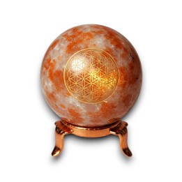Orgonit Kula z Kamienia Słonecznego Sunstone, symbol Flower of Life Odpromiennik z podstawką, Rozmiar 5cm