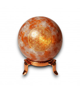 Orgonit Kula z Kamienia Słonecznego Sunstone, symbol Flower of Life Odpromiennik z podstawką, Rozmiar 5cm