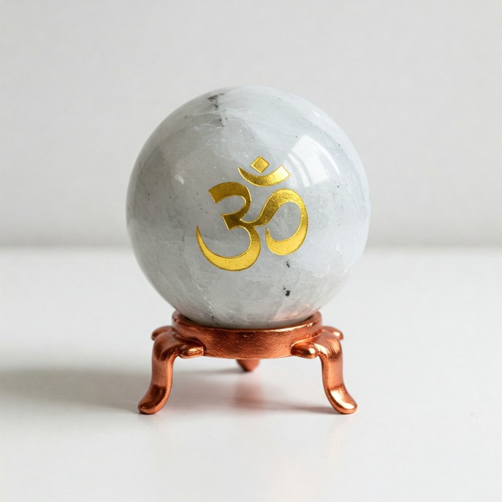 Orgonit Kula z Moonstone Kamień Księżycowy , symbol Ohm Odpromiennik, Rozmiar kuli 5cm
