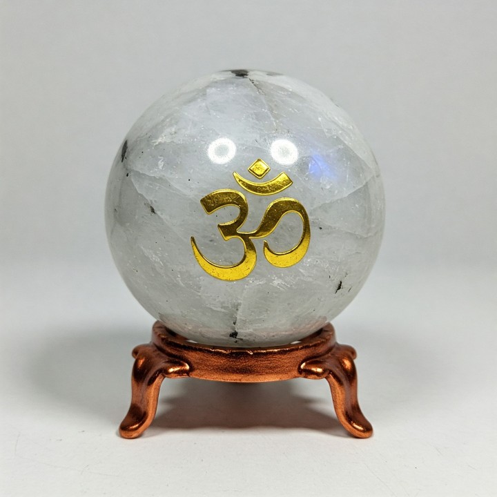 Orgonit Kula z Moonstone Kamień Księżycowy , symbol Ohm Odpromiennik, Rozmiar kuli 5cm