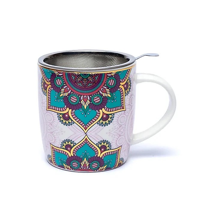 Kubek z zaparzaczem Mandala – turkusowy, ok. 400 ml (Bone China)