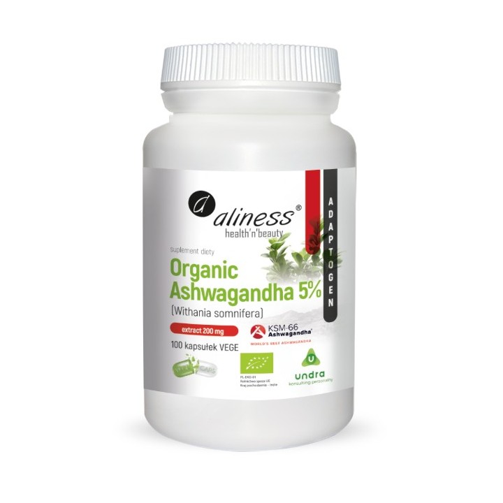 Organiczna Ashwagandha 5 Procent KSM 66 200 Mg ORGANIC 200MG VEGE CAPS