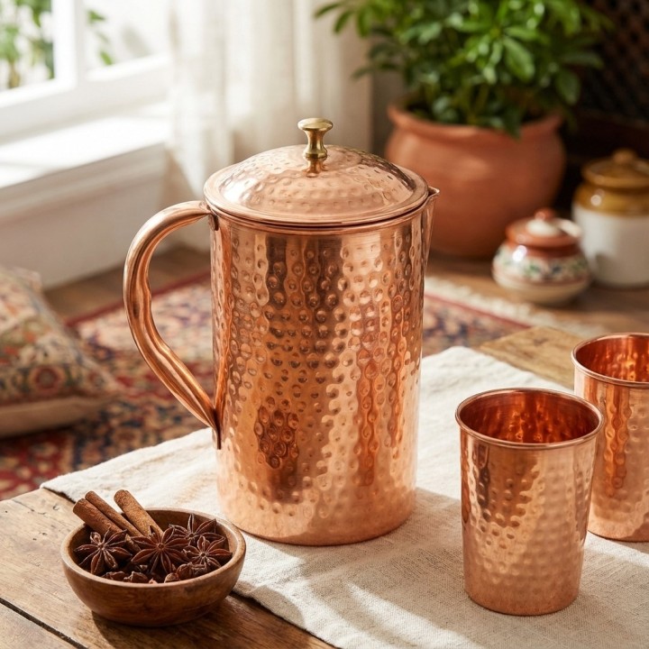 Miedziany Dzbanek Wytłaczany z mosiężnym knotem 2 litry Ayur Water [SE 252] - zdjęcie produktu