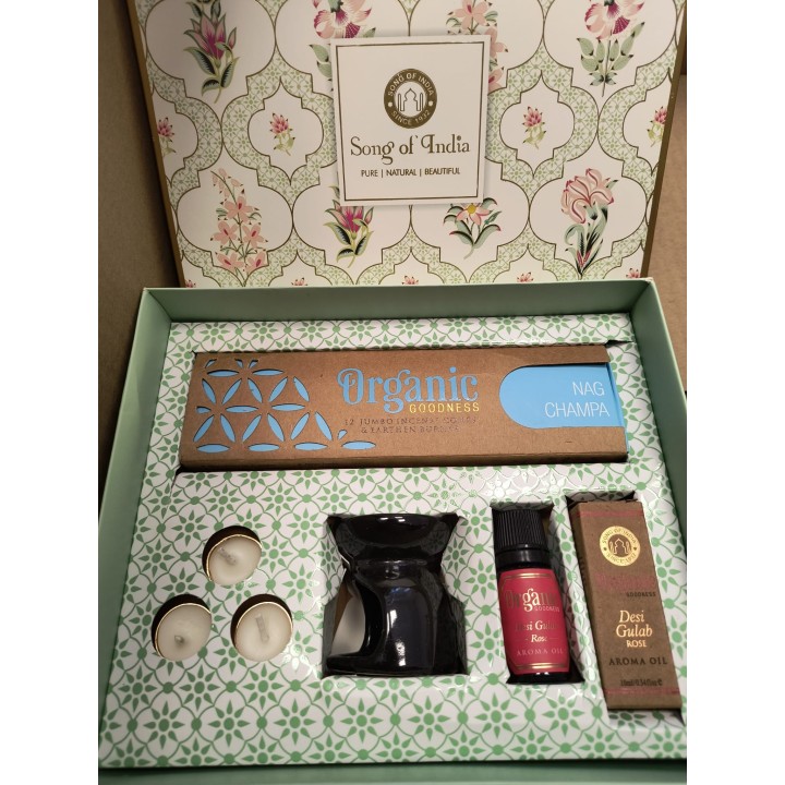 _White Meditation / Pooja Organic Goodness Gift Box - Incense Cones, Burner, T Lights & Aroma GBWHOR25 NAG CHAMPA