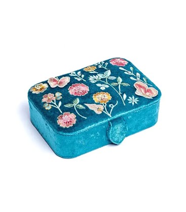 Pudełko na biżuterię / tarota aksamitne niebieskie w kwiaty 11x15,5x5 cm - zdjęcie główne produktu