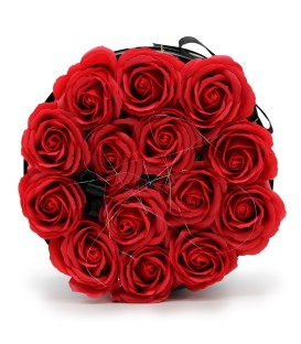 Bukiet Kwiatów Mydlanych 14 Czerwonych Róż Okrągły w Pudełku