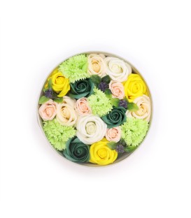 Kwiaty Mydlane w Okrągłym Pudełku Wiosenne Żółcie i Zieleń