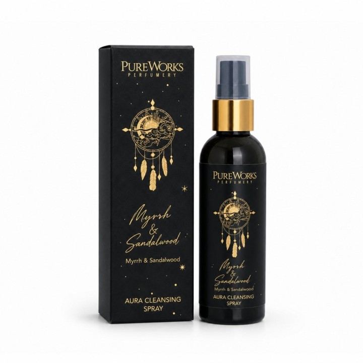 100 ml. Esoteric Collection Aura Cleansing Spray in Amber PET Bottle with Gold Spray Pump in a Lock Box ESRF100 Myrrh & Sandalw 